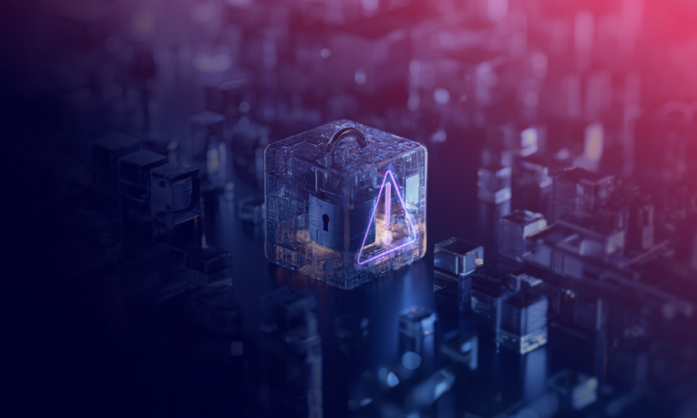Featured hero visual for amazee.ai blog post on AI gateway data privacy, showing a glowing glass cube with a padlock and neon caution symbol on a futuristic circuit board.