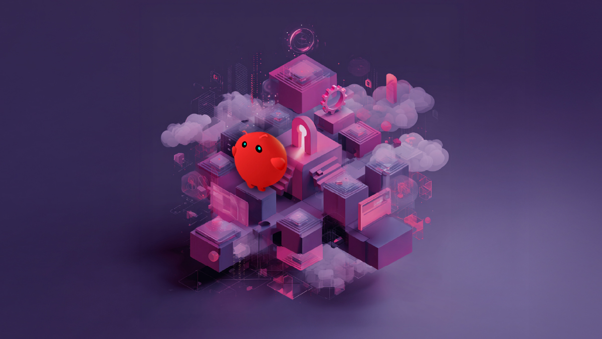 An isometric 3D server network illustration on a dark purple background, featuring a glowing pink keyhole security gate and a round red character. The design represents cloud computing infrastructure, secure data hosting, and private AI architecture.