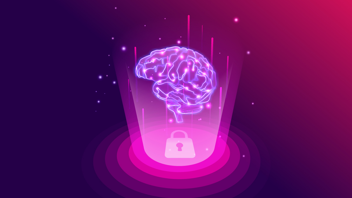An isometric 3D server network illustration on a dark purple background, featuring a glowing pink keyhole security gate and a round red character. The design represents cloud computing infrastructure, secure data hosting, and private AI architecture.