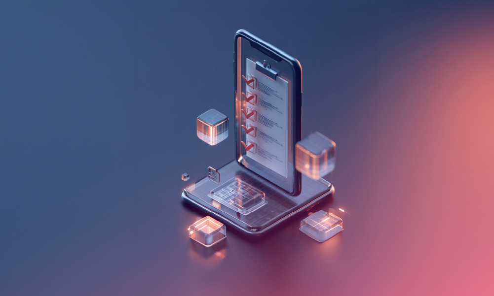 3D digital graphic of a smartphone displaying a completed checklist document with red checkmarks surrounded by floating glowing glass data cubes on a blue and pink gradient background.