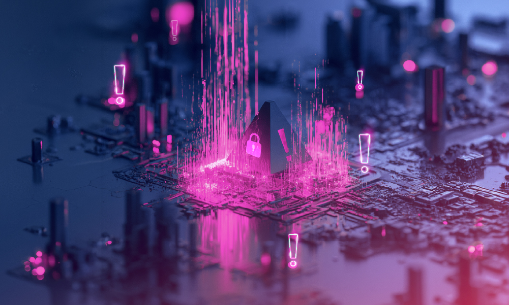 In-article artwork for the amazee.ai blog post on AI governance. Illustrates a dark blue isometric circuit board city with a central pyramid displaying a lock icon and vertical streams of glowing pink light, surrounded by floating neon warning exclamation marks.